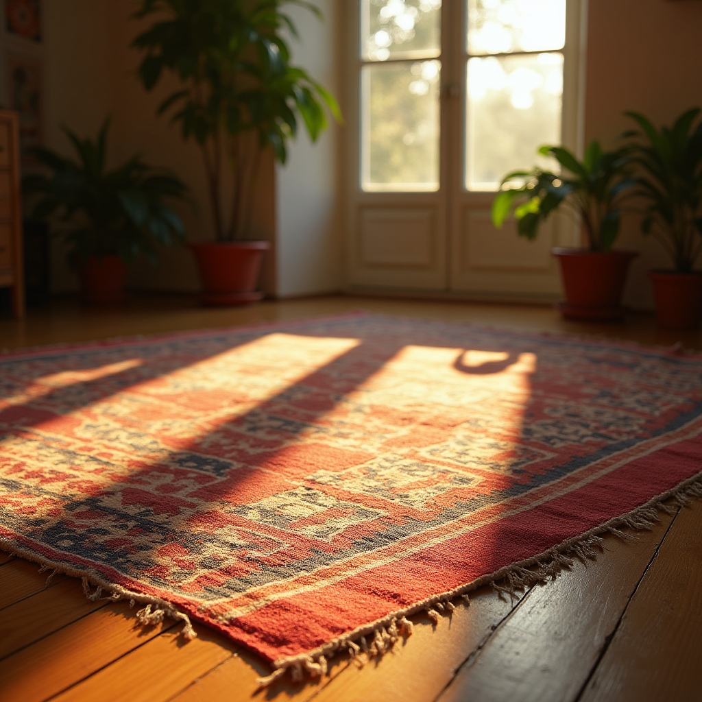 Tappeto kilim orientale su pavimento in legno, colori vivaci