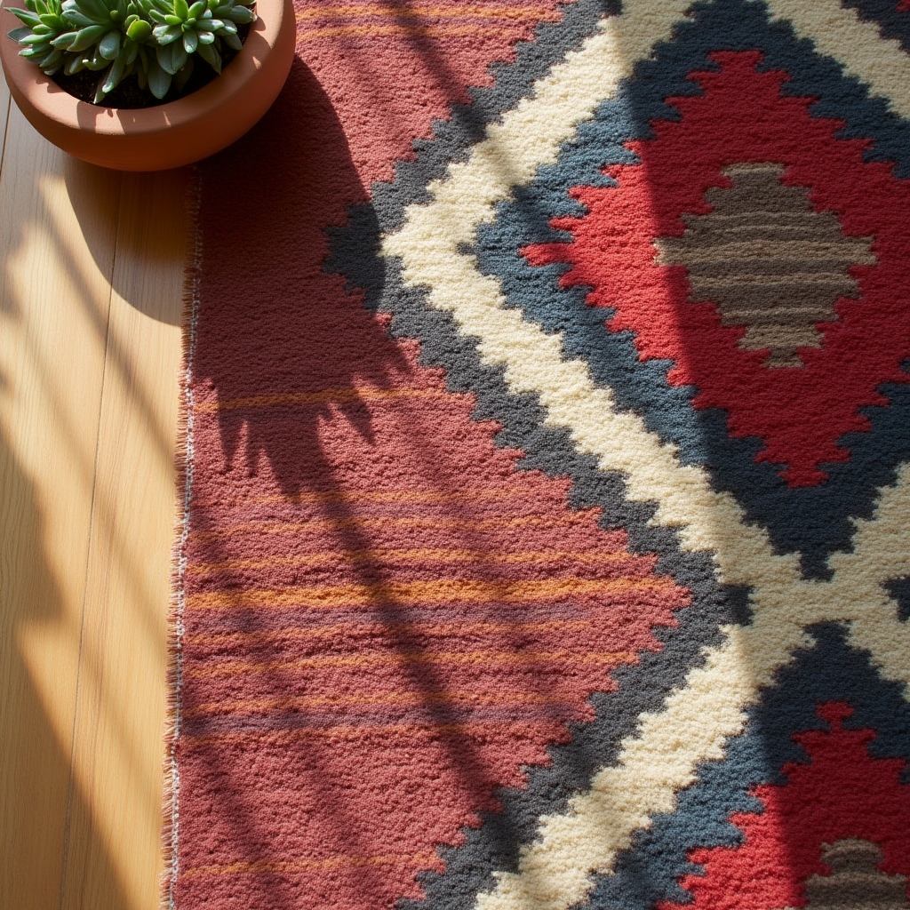 Kilim berbero marocchino con motivi geometrici in rosso, blu e bianco avorio